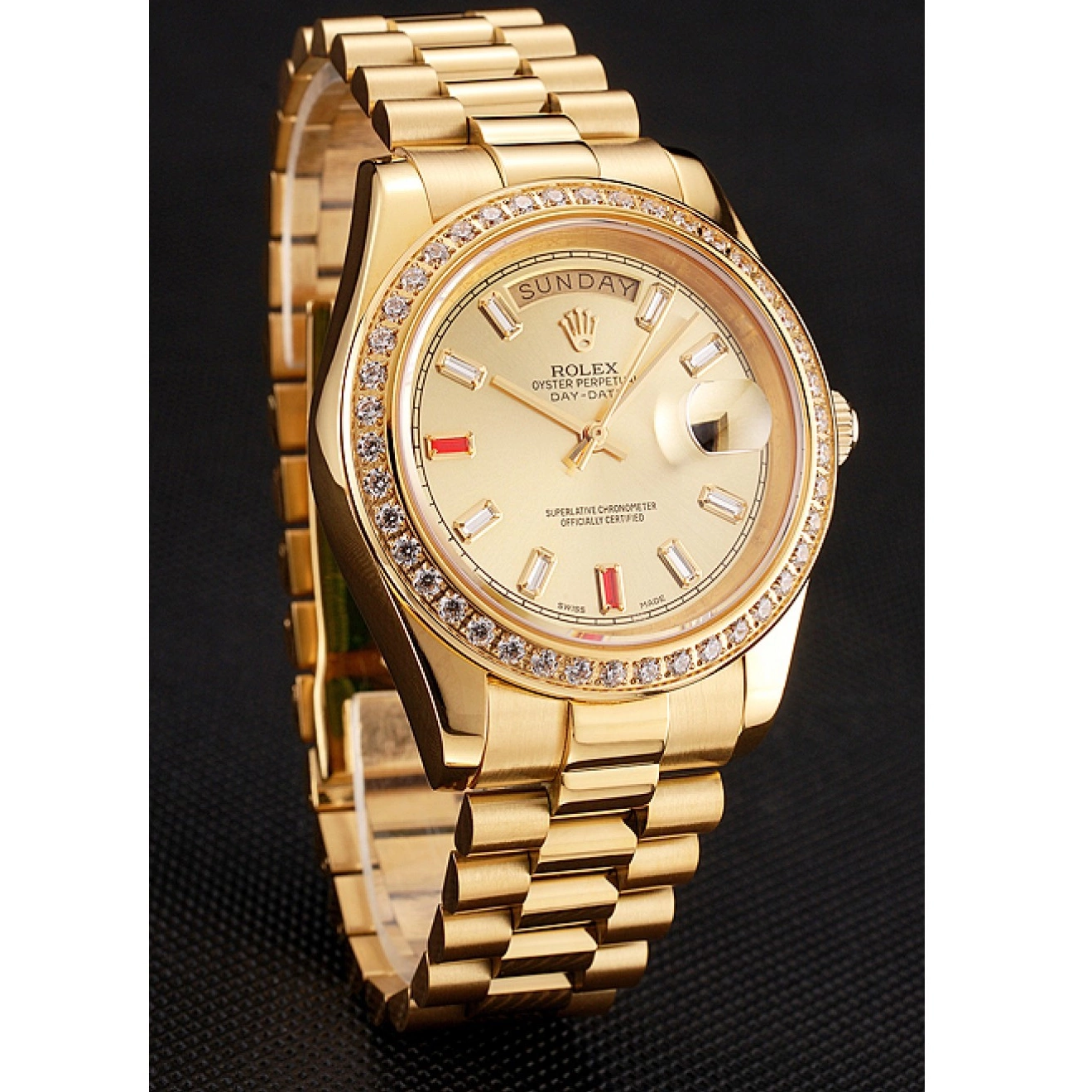 Aaa replica watch Rolex And Diamonds Champagne Dial Gold Swiss Rubies Bracelet Day-Date 1454100 0707